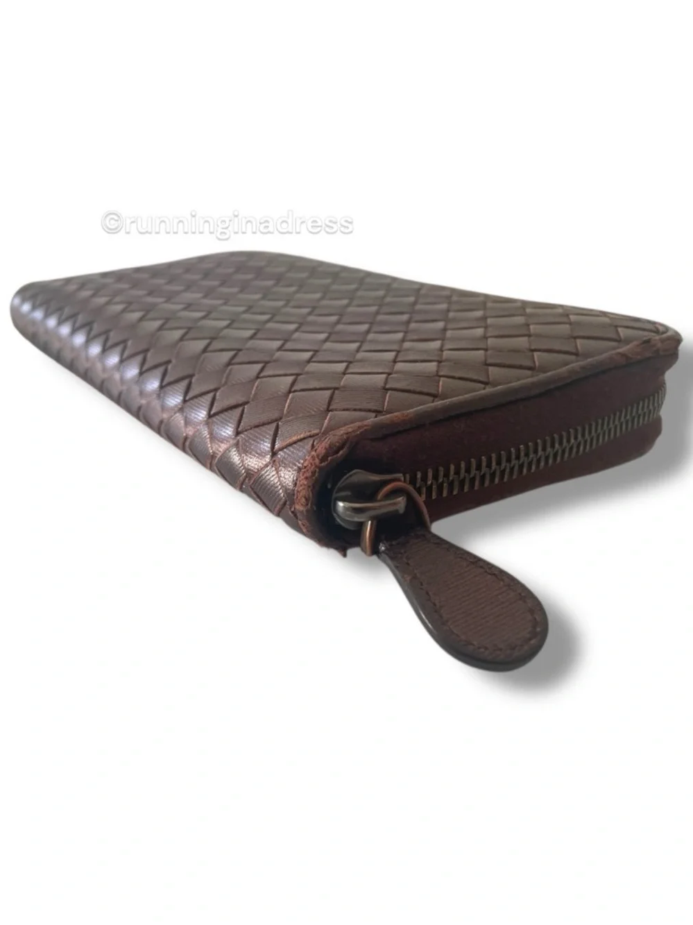 Bottega Veneta Intrecciato Leather Long Zip Around Wallet Metallic Copper Brown